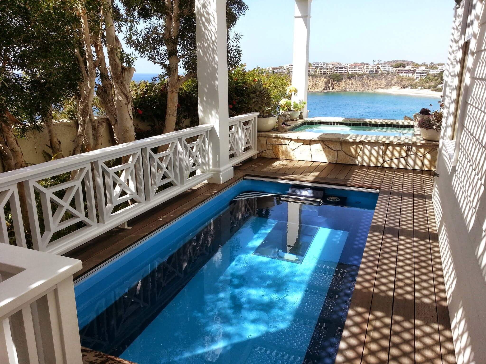 an outdoor Endless Pools swimming machine with a view of Laguna Beach, California