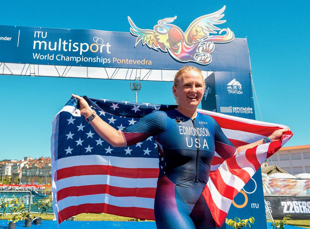 picture of athlete finishing the 2019 Pontevedra ITU Aquabike World Championships