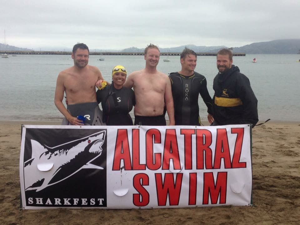 picture of picture of open water swimmers after a successful swim from Alcatraz Island